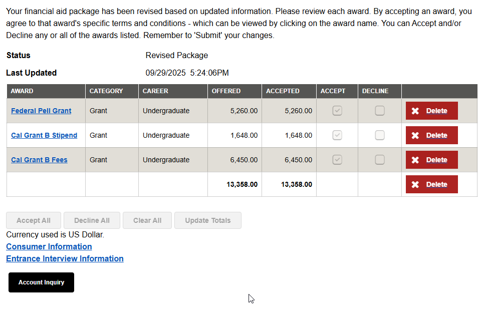 Image showing the award package for the 2025-2026 academic year with details. There's an option to accept and decline.