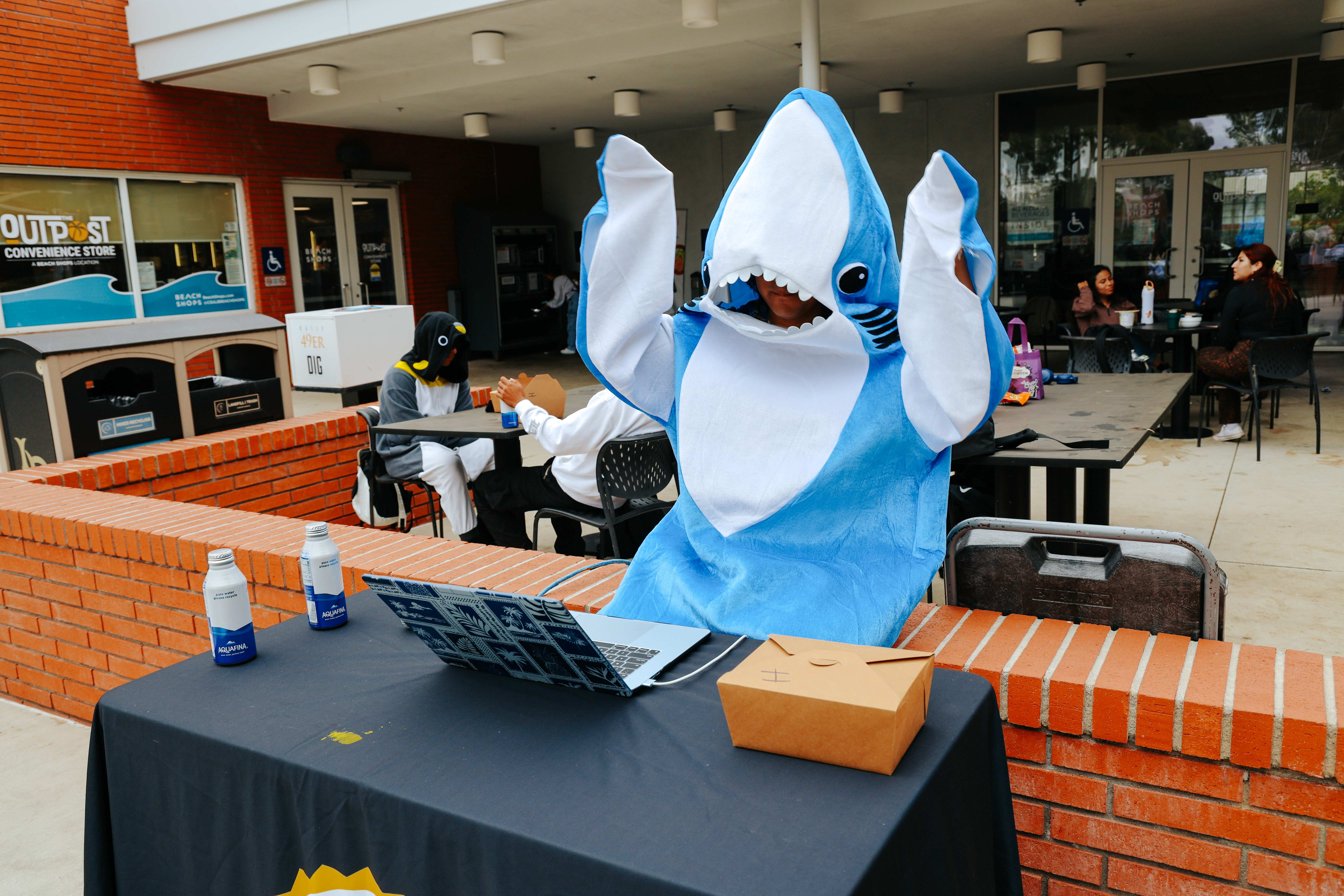Person in a shark costume at a desk outside