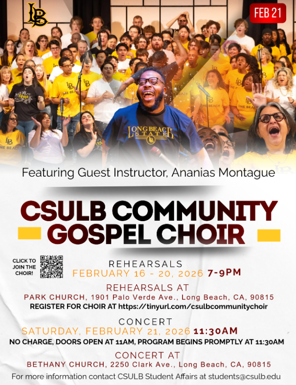 CSULB Gospel Concert Choir singing advertising 2026 Community Gospel Concert with corresponding details.