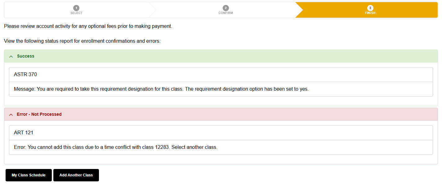 Screenshot of enrollment results