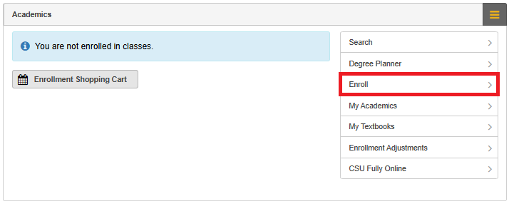 Screenshot of MyCSULB Academics.  The link to "Enroll" is outlined in red.