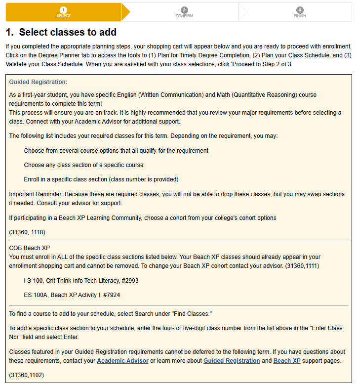 Screenshot of MyCSULB Student Center describing guided registration requirements.
