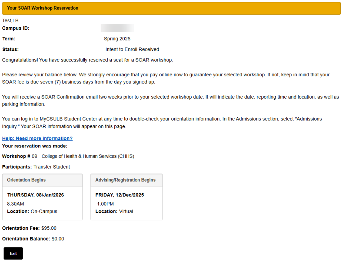 MyCSULB Screenshot of SOAR confirmation