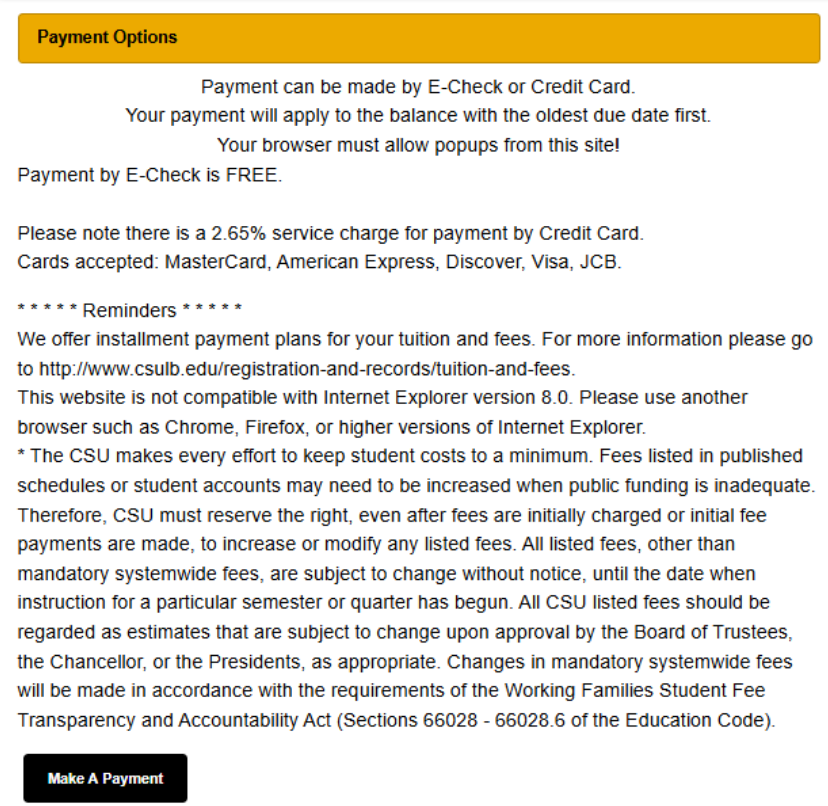 MyCSULB Student Center screenshot asking student to confirm that they would like to make a payment
