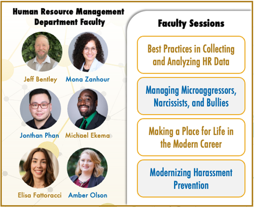 Human Resource Management Department Faculty headshot pictures, including Jeff Bentley, Mona Zanhour, Jonathan Phan, Michael Ekema, Elisa Fattoracci, and Amber Olson. Faculty 