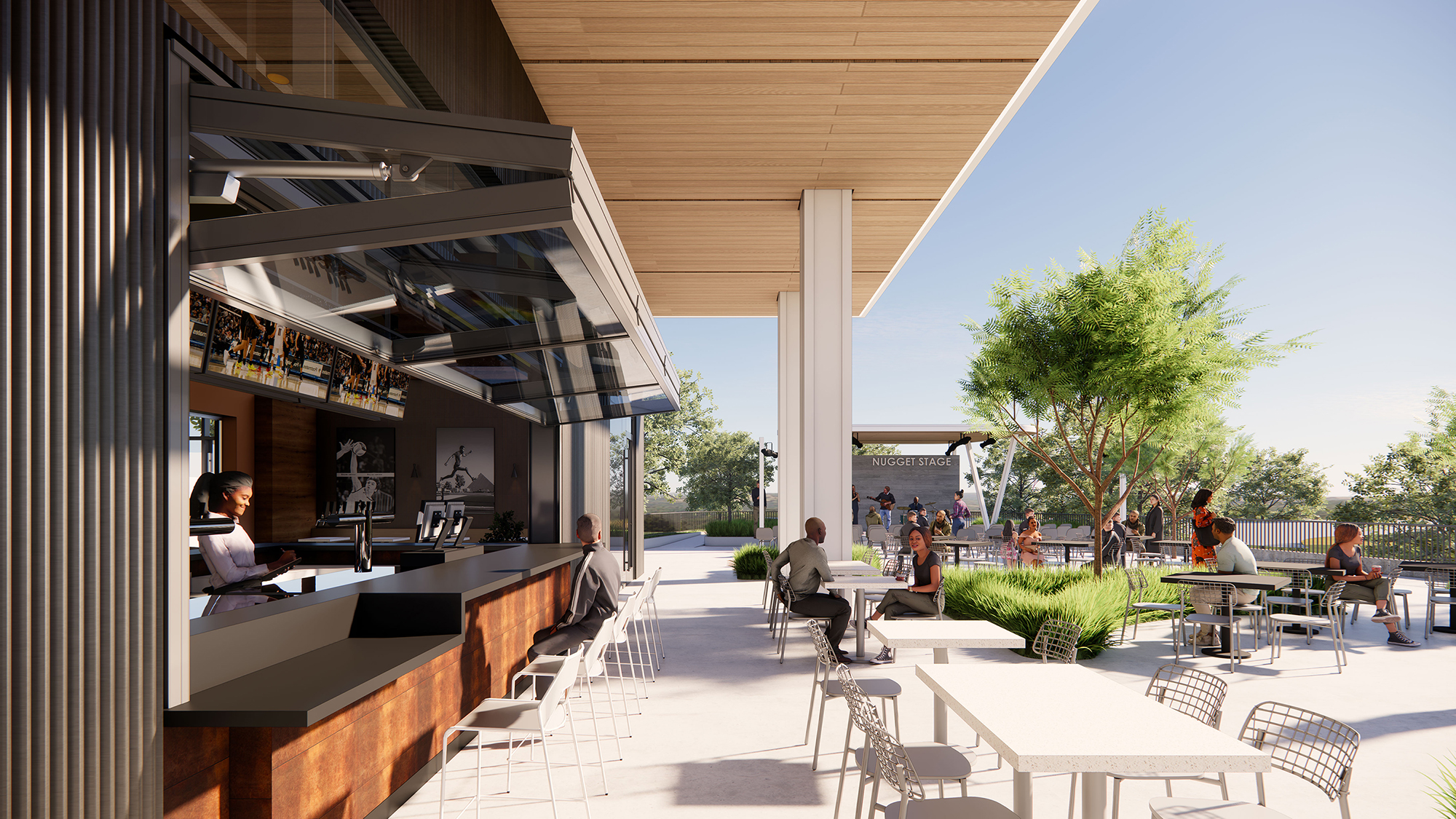 Rendering of the new Nugget Restaurant showing an outdoor bar space where students can eat. 