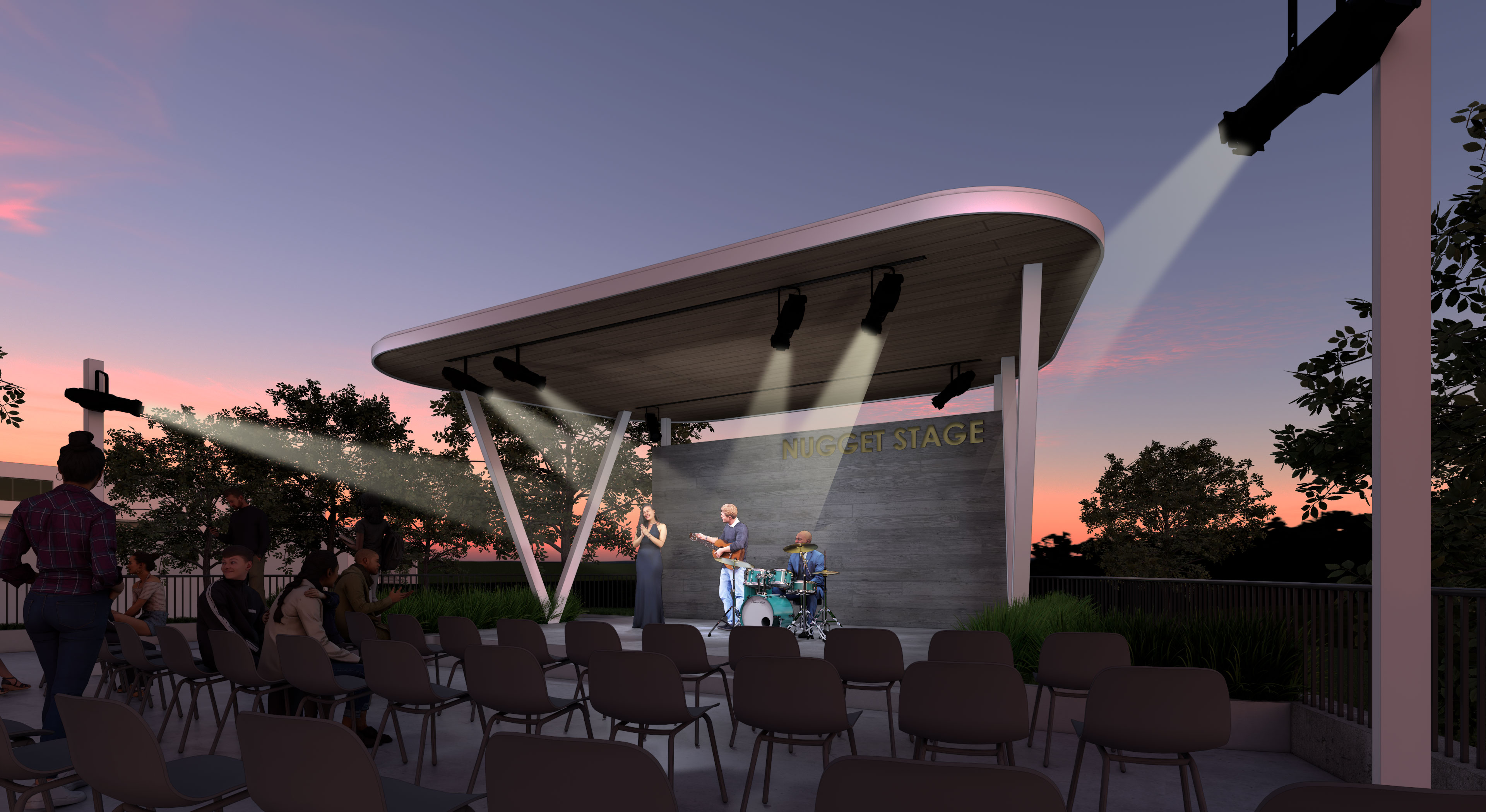 Rendering of the new Nugget Restaurant showing the new outdoor stage.