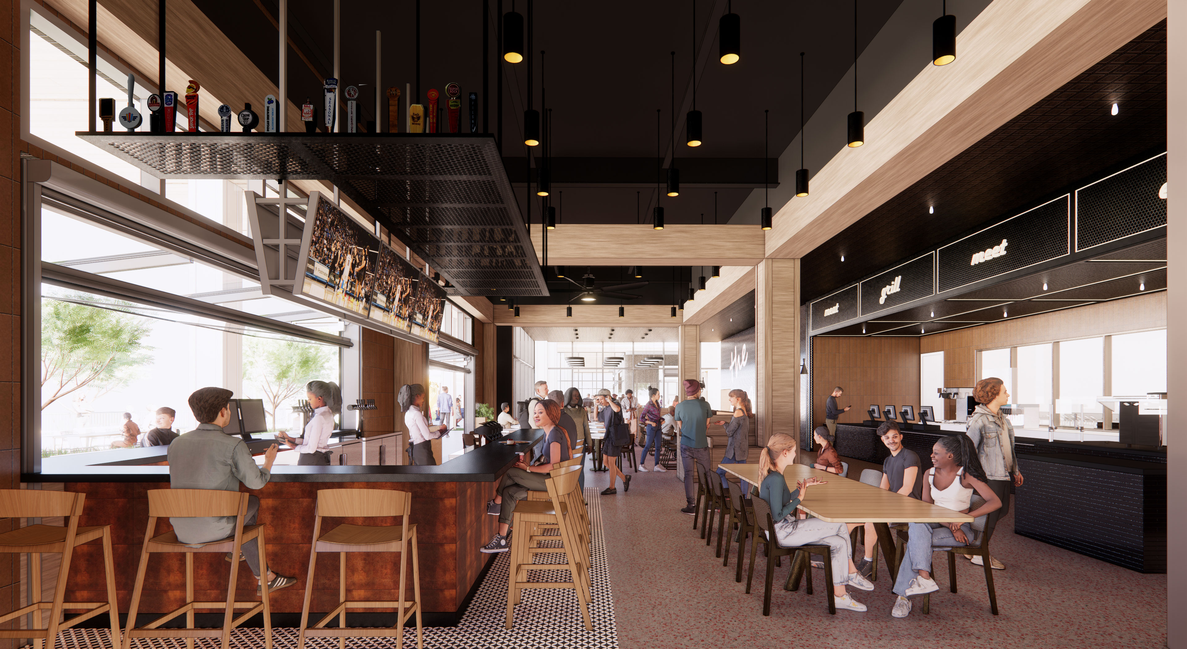 Rendering of the new Nugget building, showing a row of dining tables and a bar overlooking the window outside.
