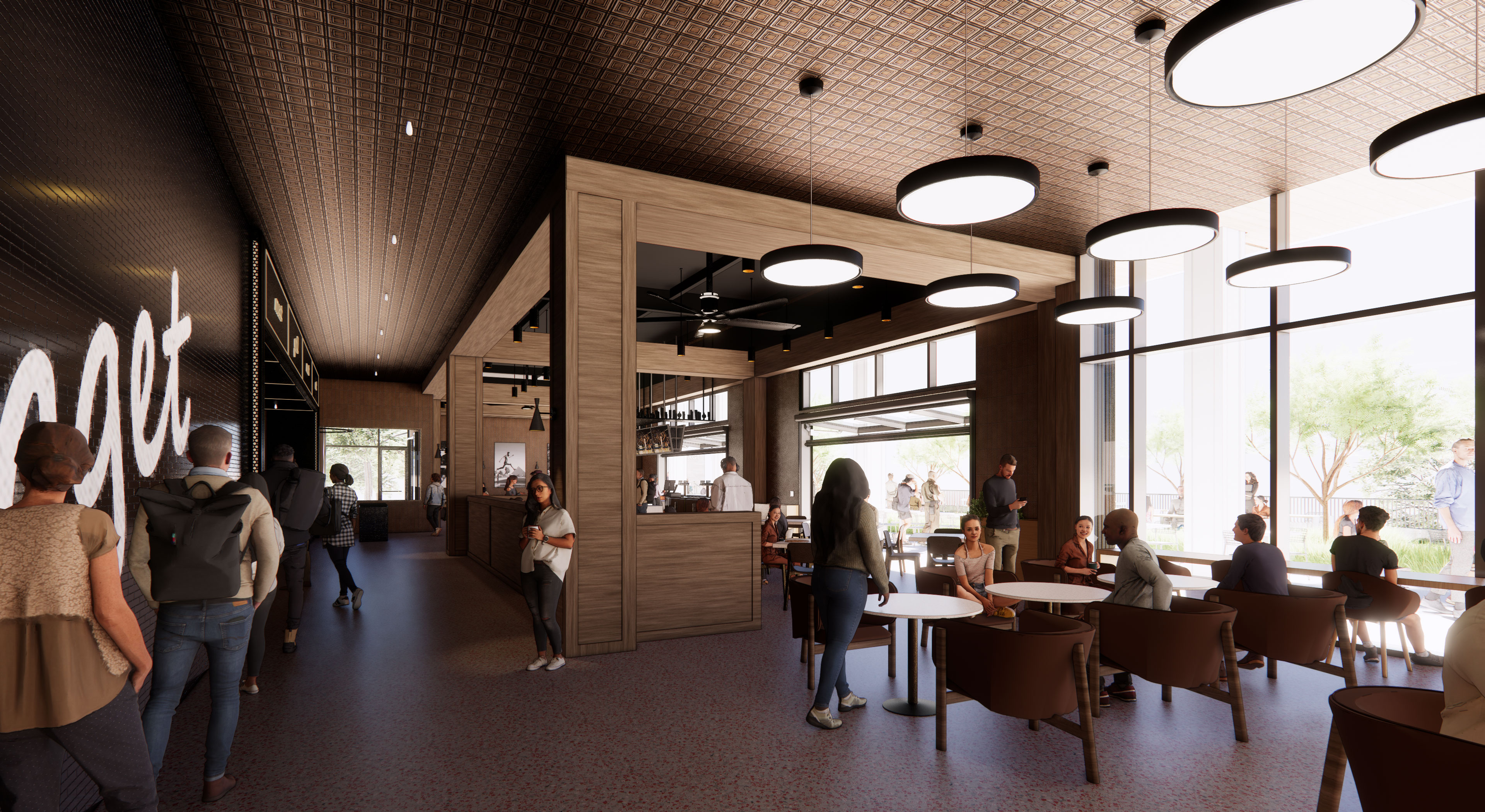 Rendering of the new Nugget Restaurant showing an open space floorplan with tables and more space for customers. 