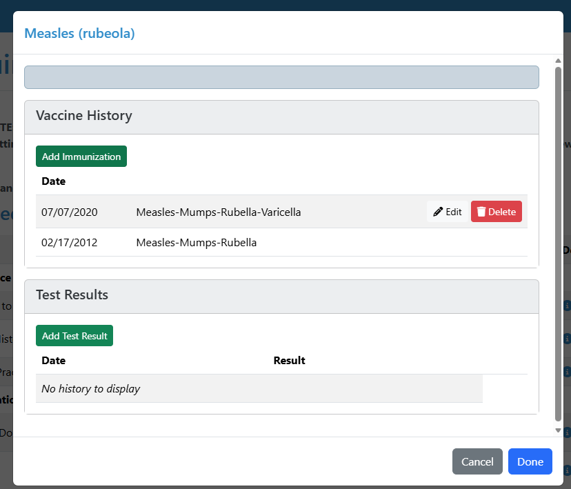 Patient Portal Immunization History Image
