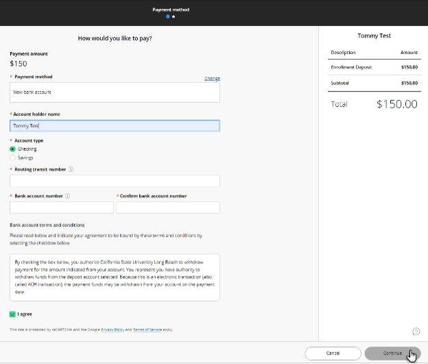 Screenshot of payment page prompting the user to make a payment.