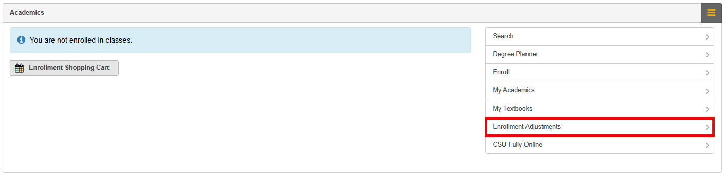 Screenshot of the Academics panel in MyCSULB Student Center. The link to "Enrollment Adjustments" is outlined in red.