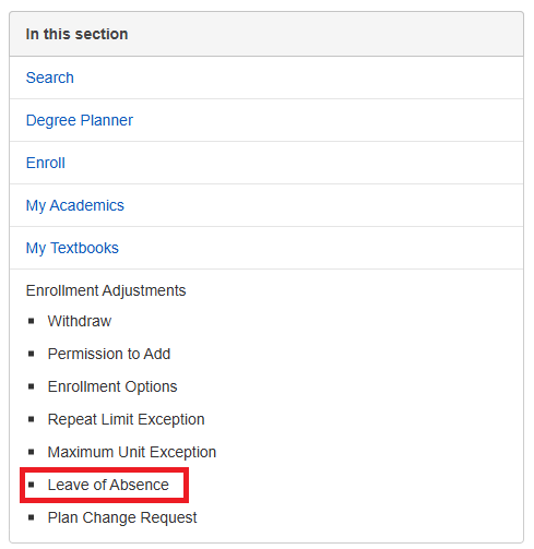 Screenshot of Enrollment Adjustments page in MyCSULB Student Center. The "Leave of Absence" link is highlighted.