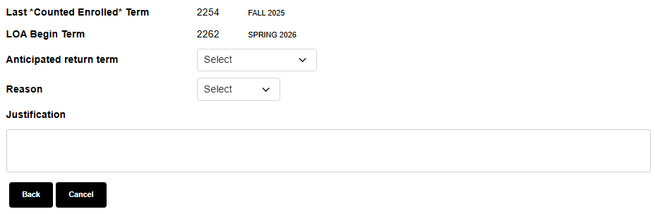 MyCSULB Screenshot of the Educational Leave form.