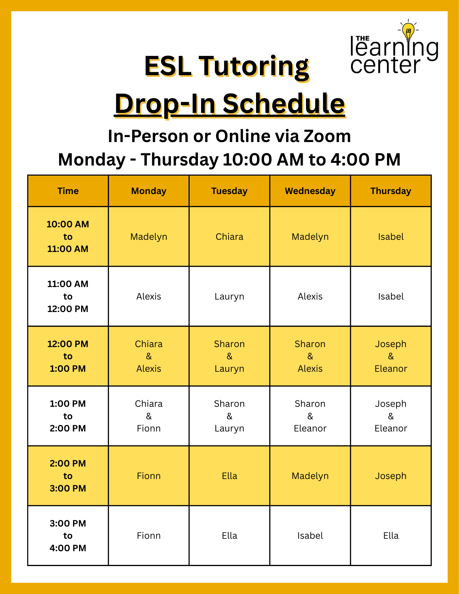 26 Spring ESL Tutoring Drop-In Schedule