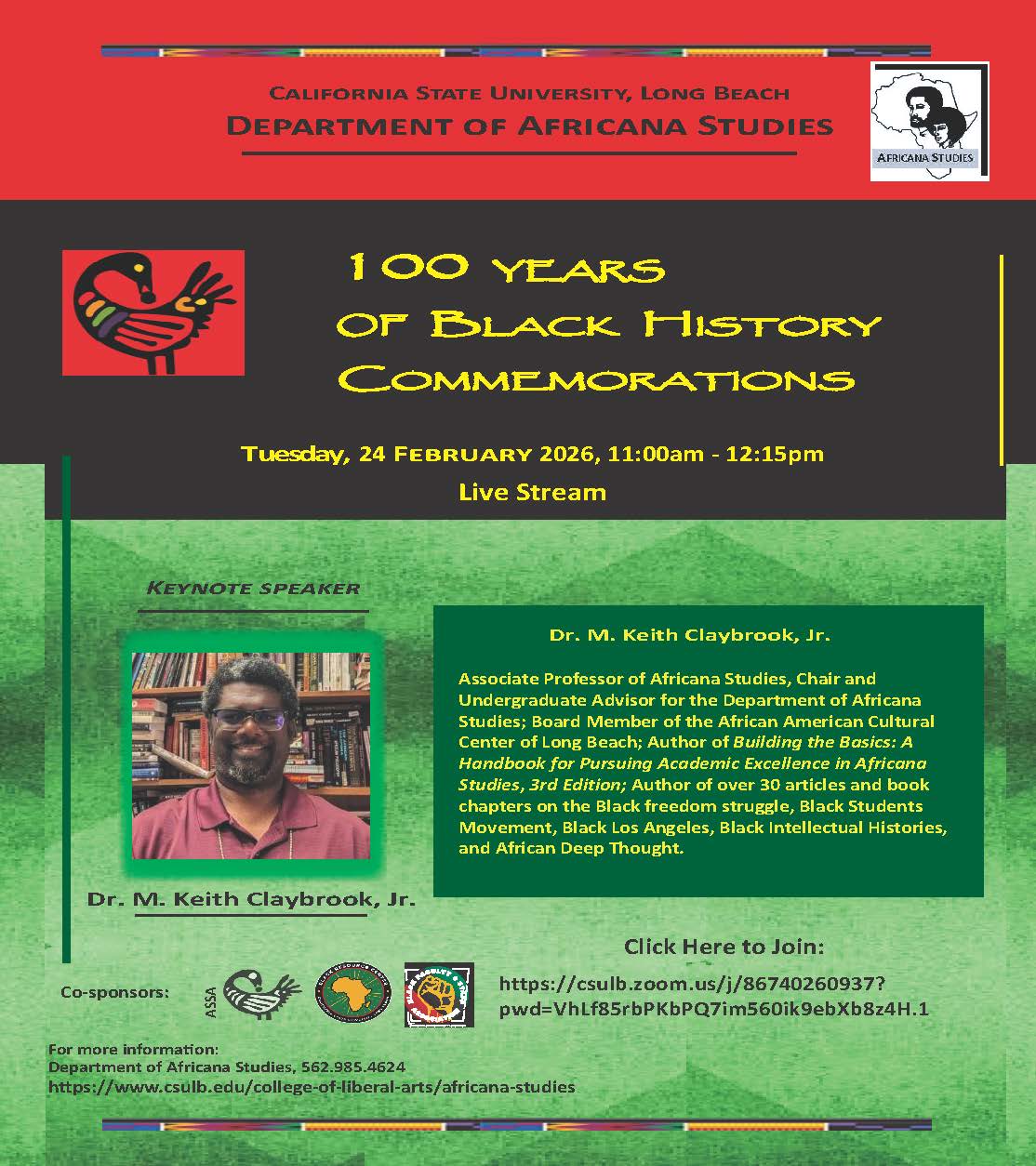 Red, black, and green flier with picture of Dr. Claybrook and his bio