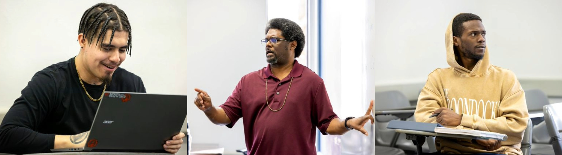 A photo of CSULB Africana Studies Professor Keith Claybrook between two photos of students