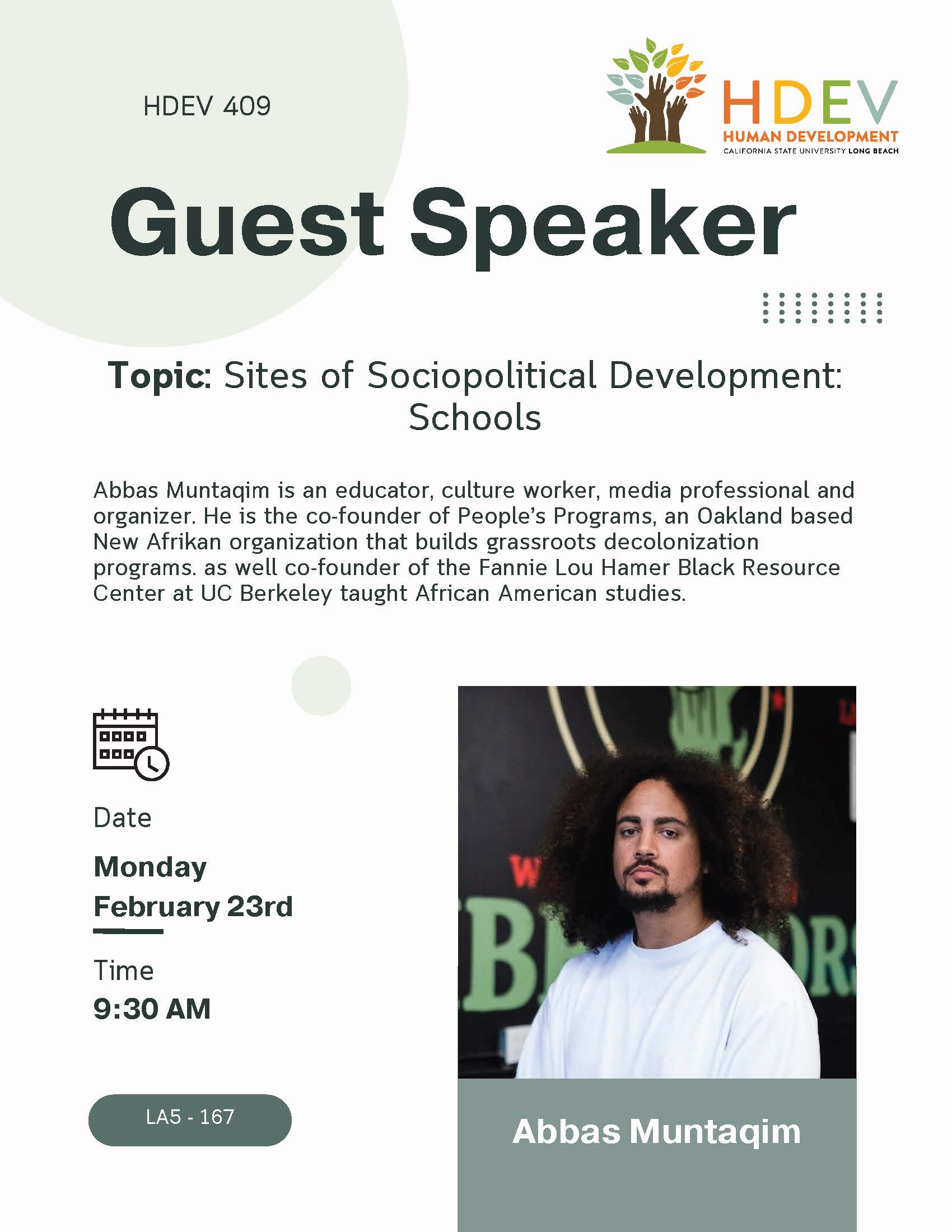 Guest Speaker information and headshot of Abbas Muntaquim