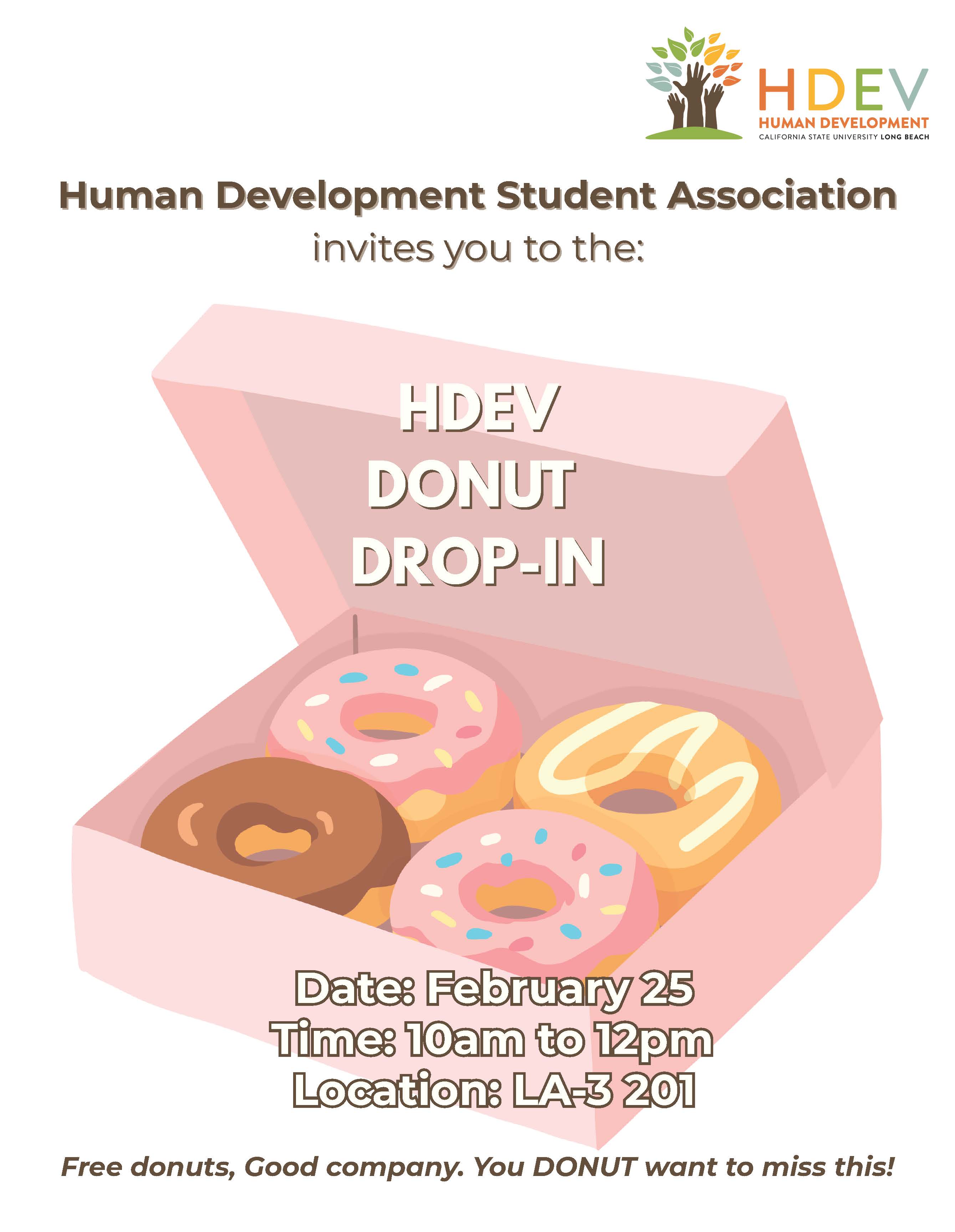 pink box with donuts inside. event information around box.