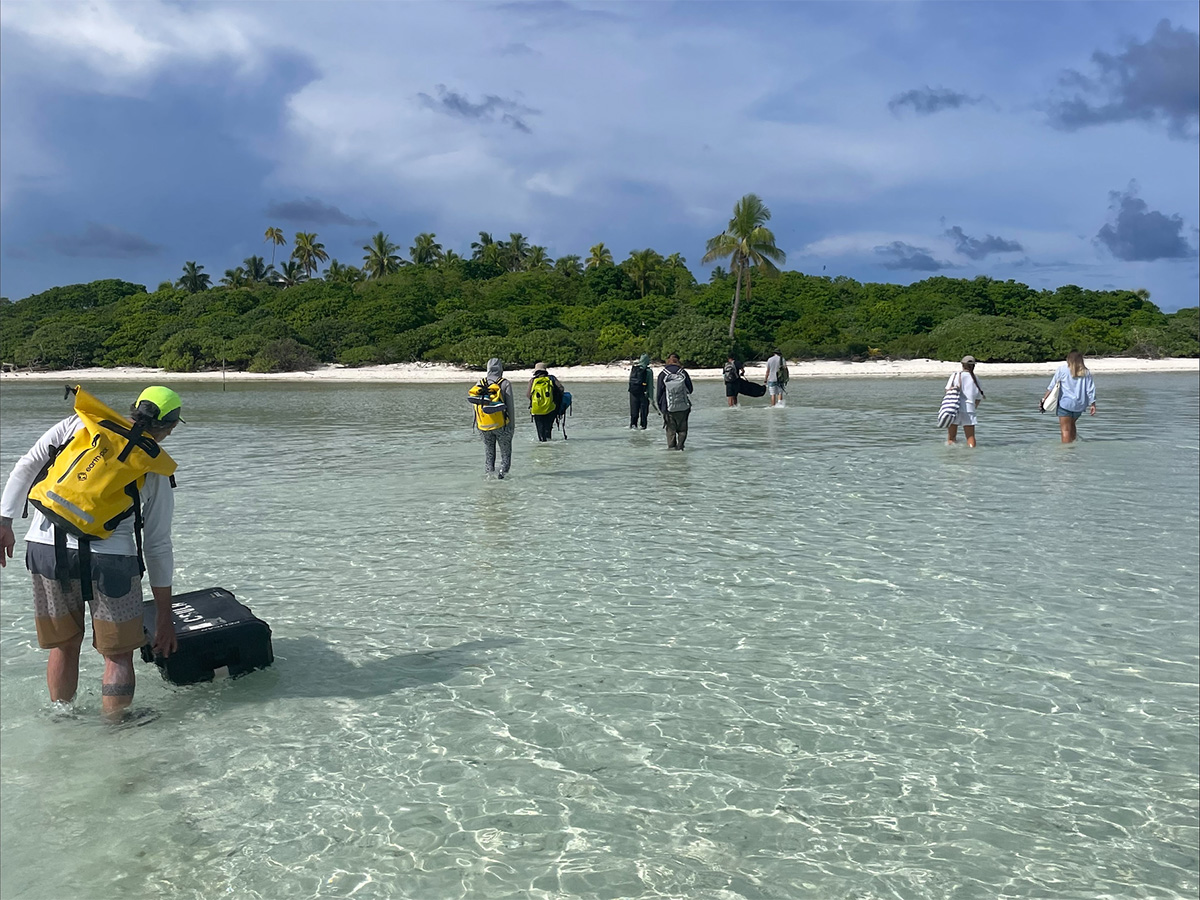 researchers walking equipment to the shore