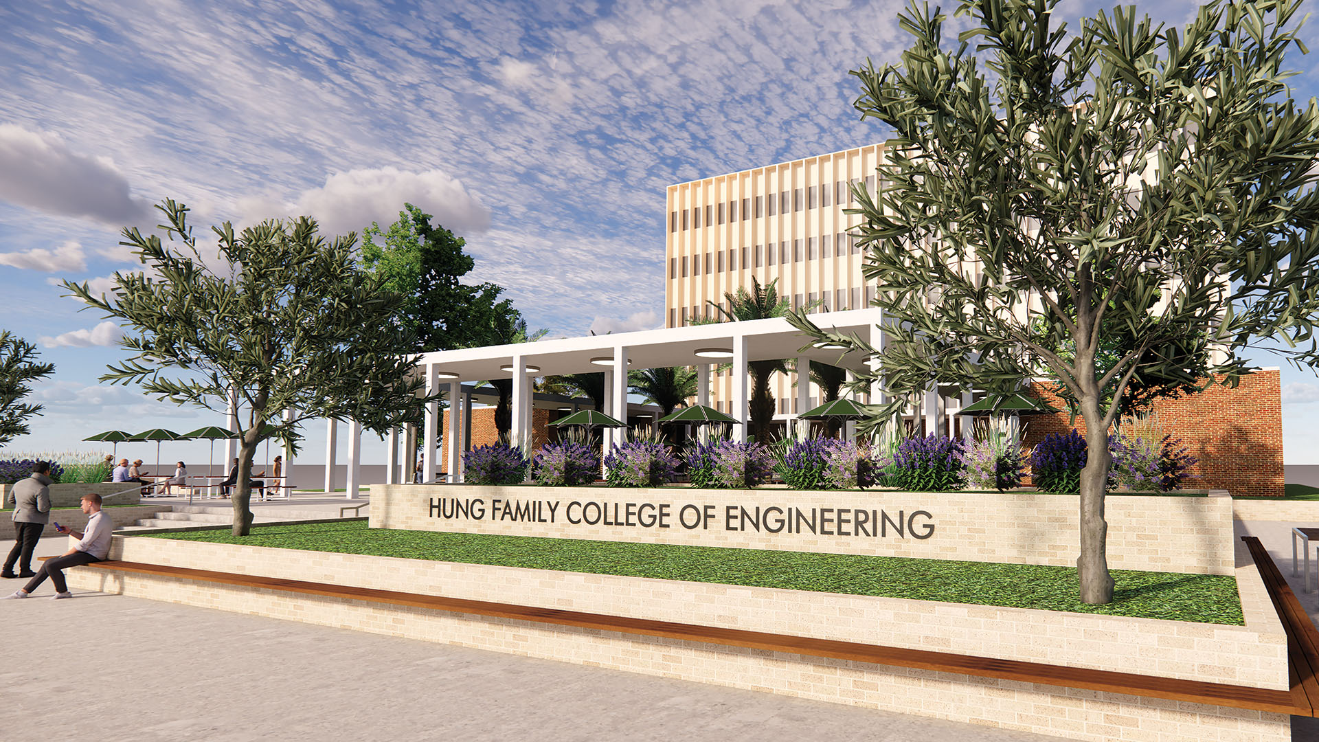 Rendering of outside of building with "Hung Family College of Engineering" etched in stone