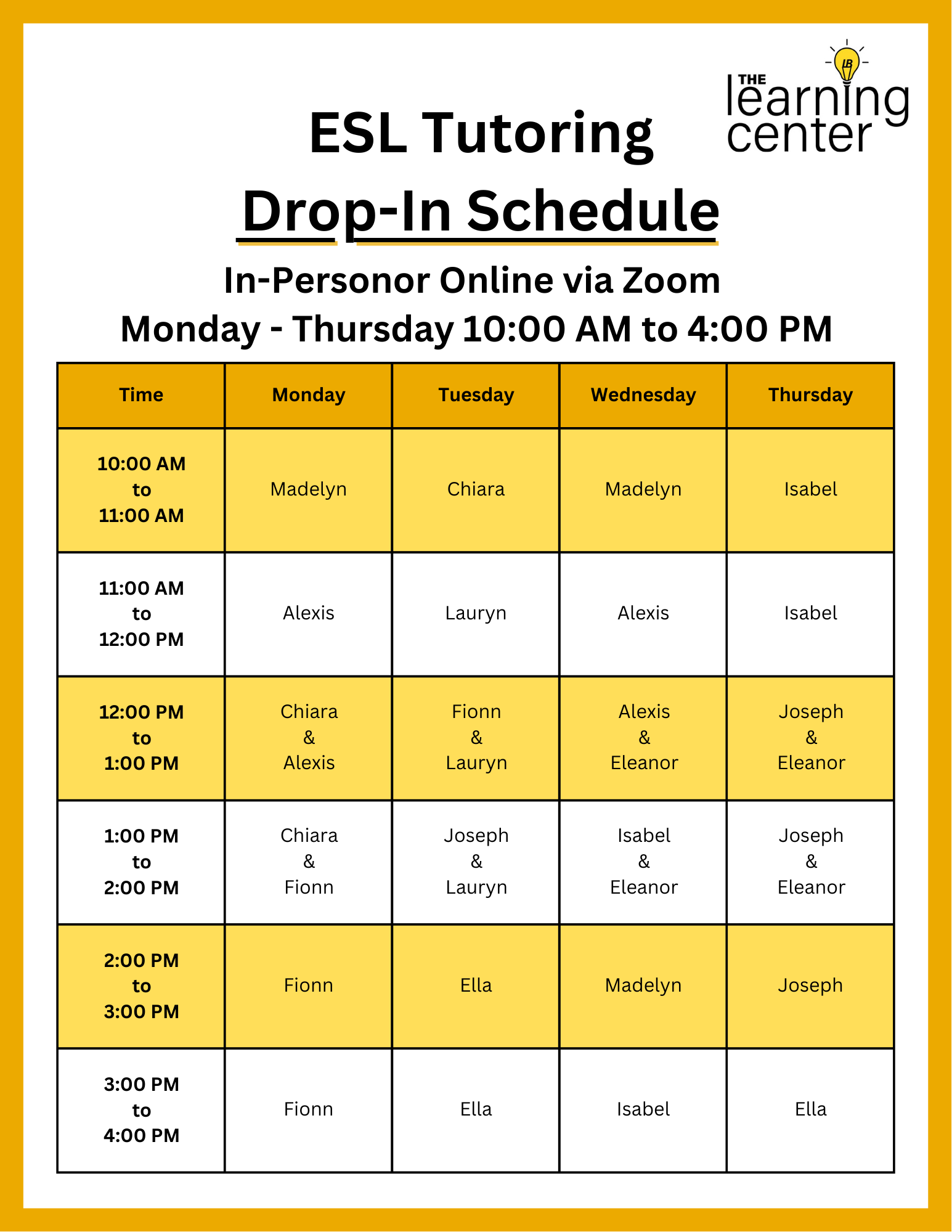 26 Spring ESL Tutoring Drop-In Schedule