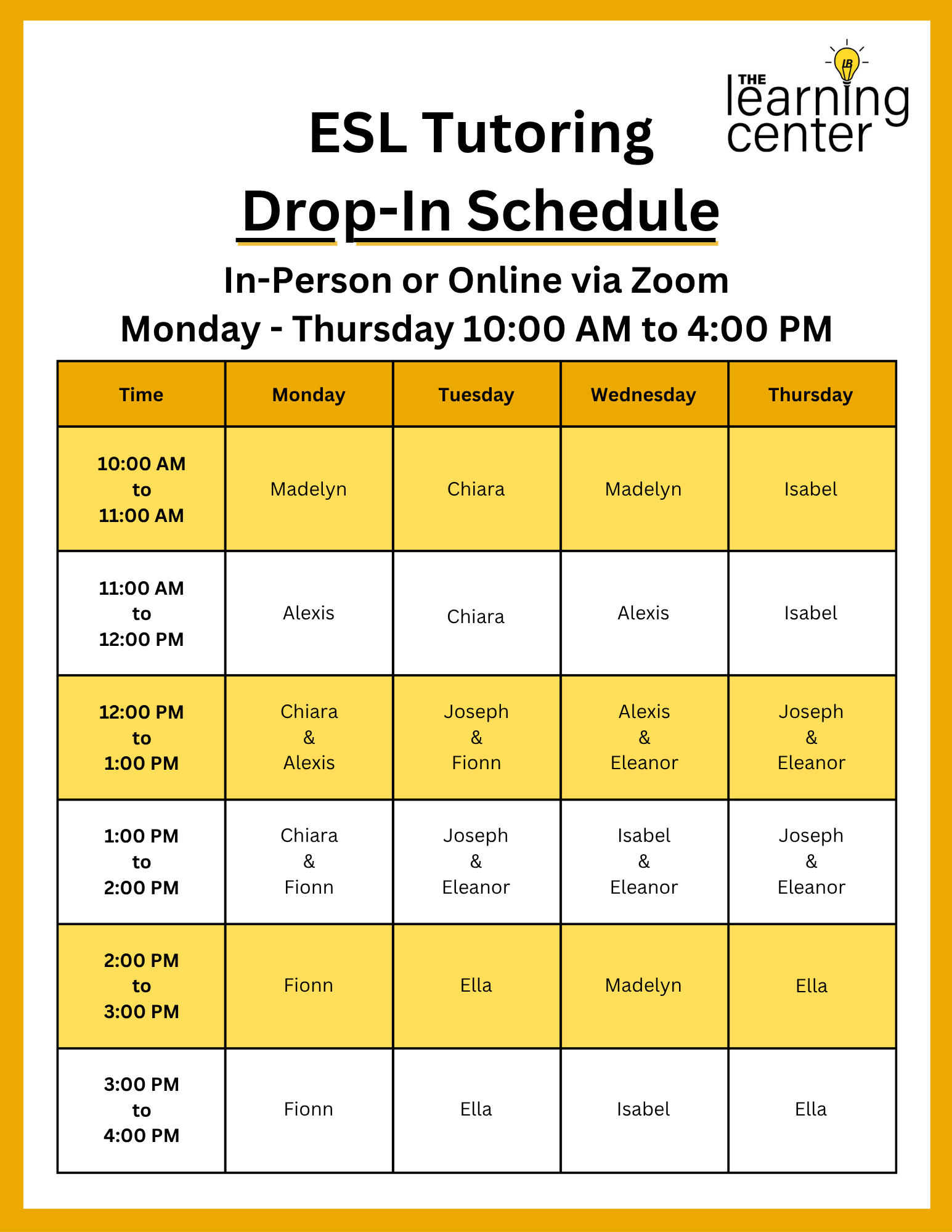 26 Spring ESL Tutoring Drop-In Schedule