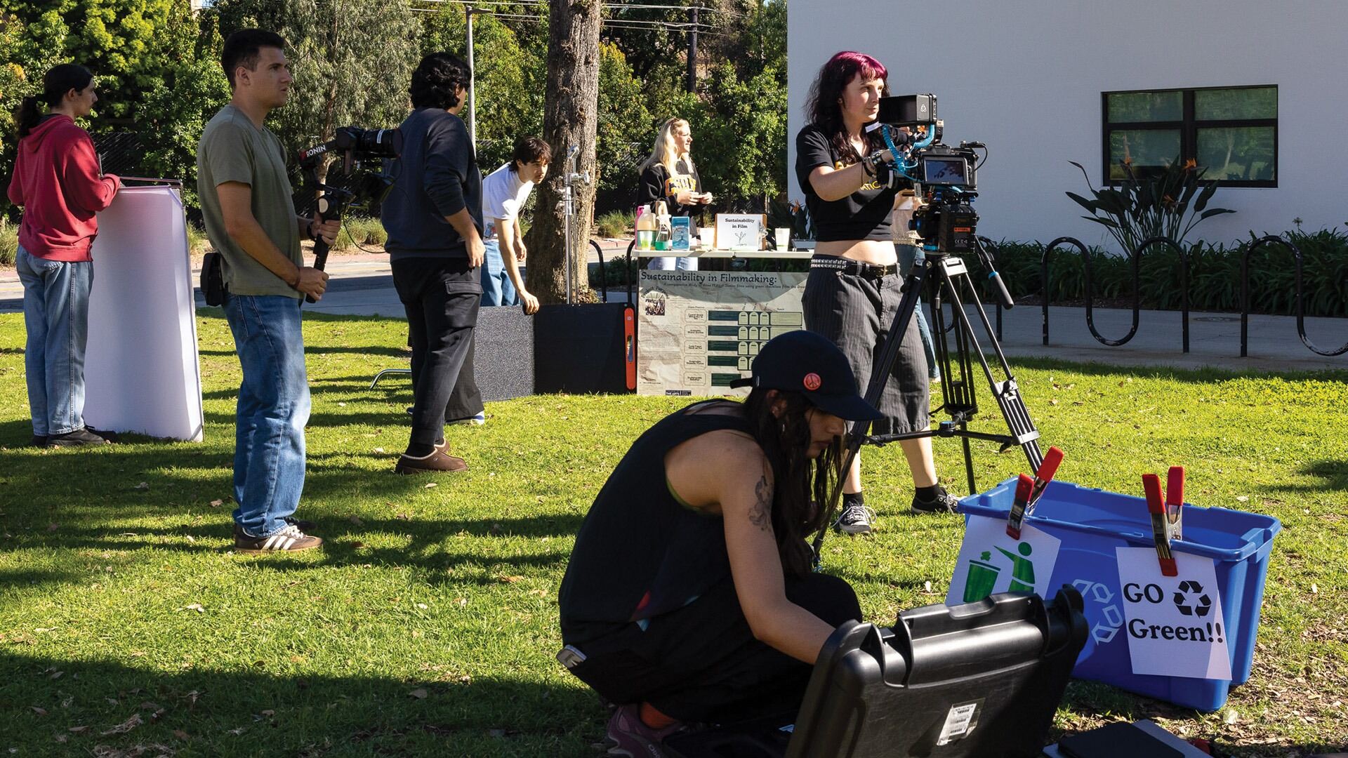Trash, recycling and compost bins on a CSULB student film set.
