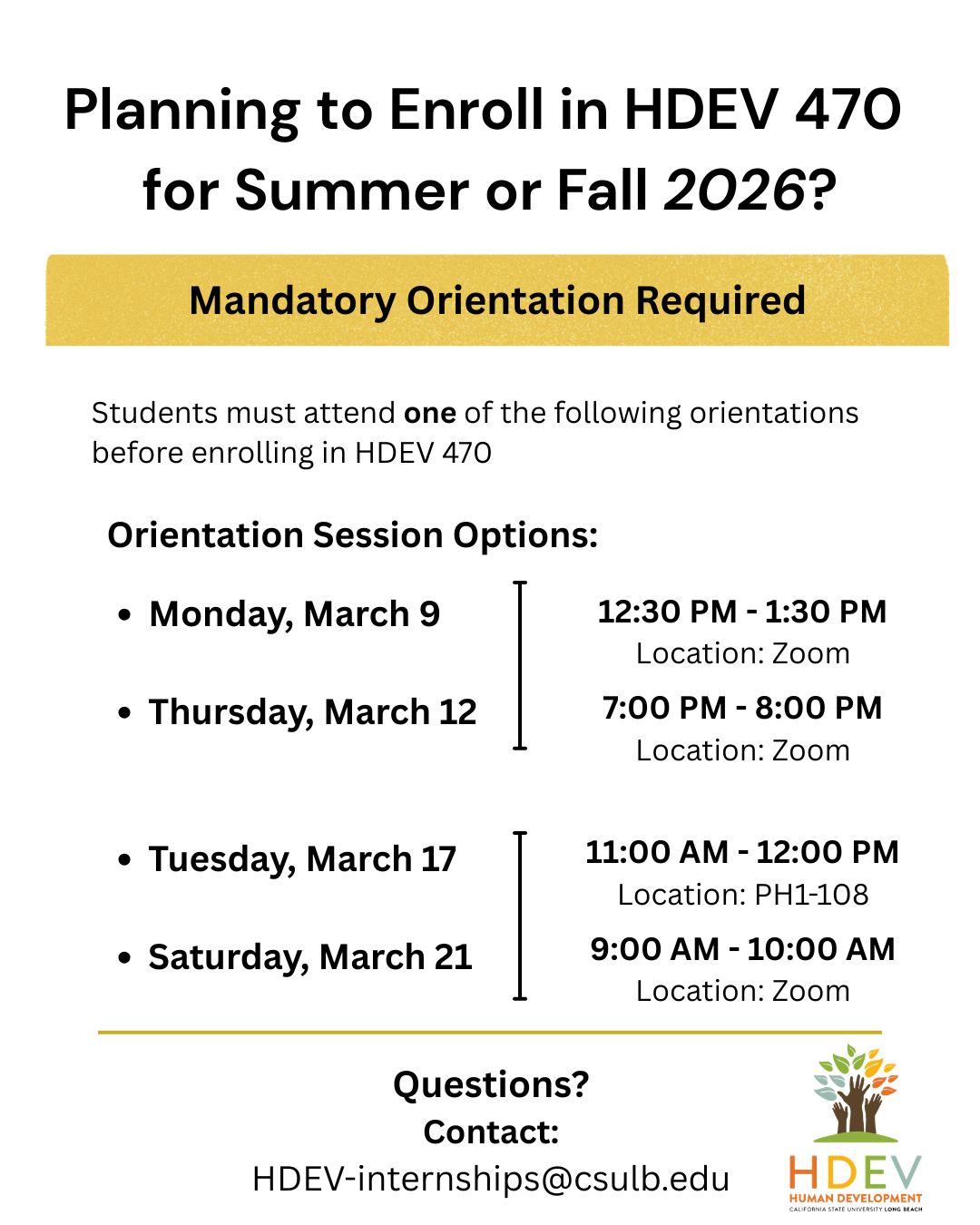 HDEV 470 Orientation Sessions flyer