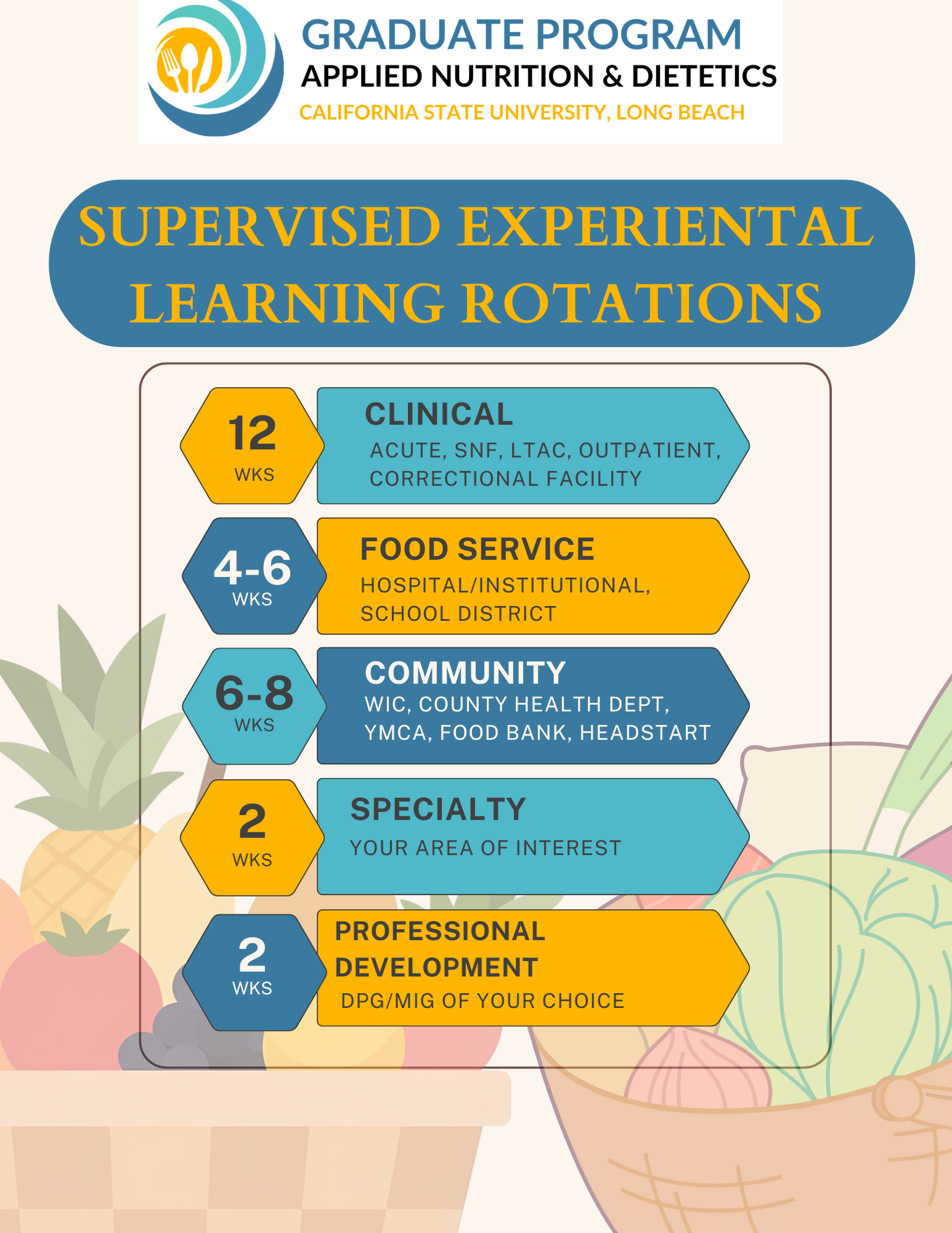 Image contains 5 rows of 2 boxes per row with the supervised practice rotation length, type, and potential facilities for each rotation
