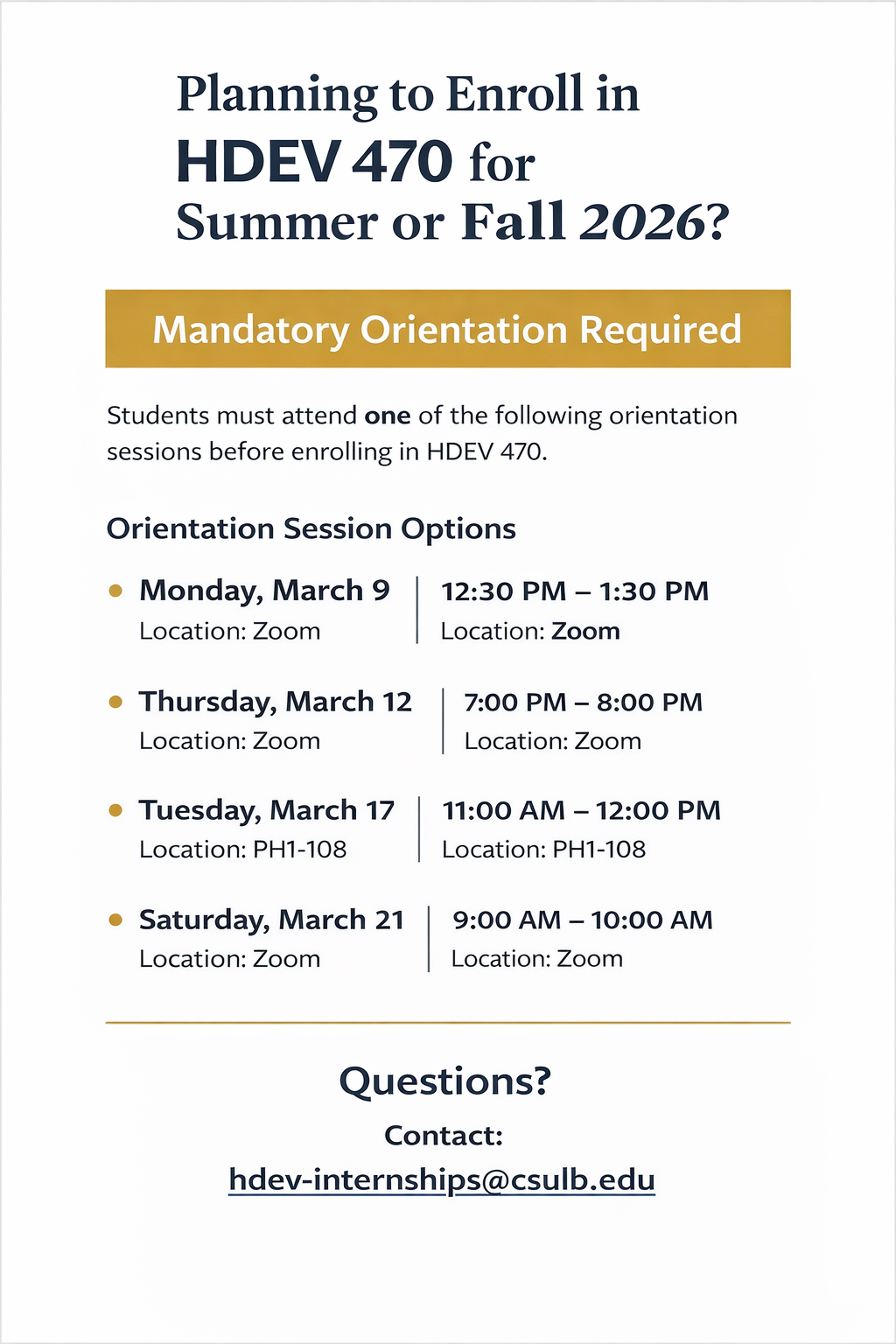 flyer with dates of 470 orientations with zoom links