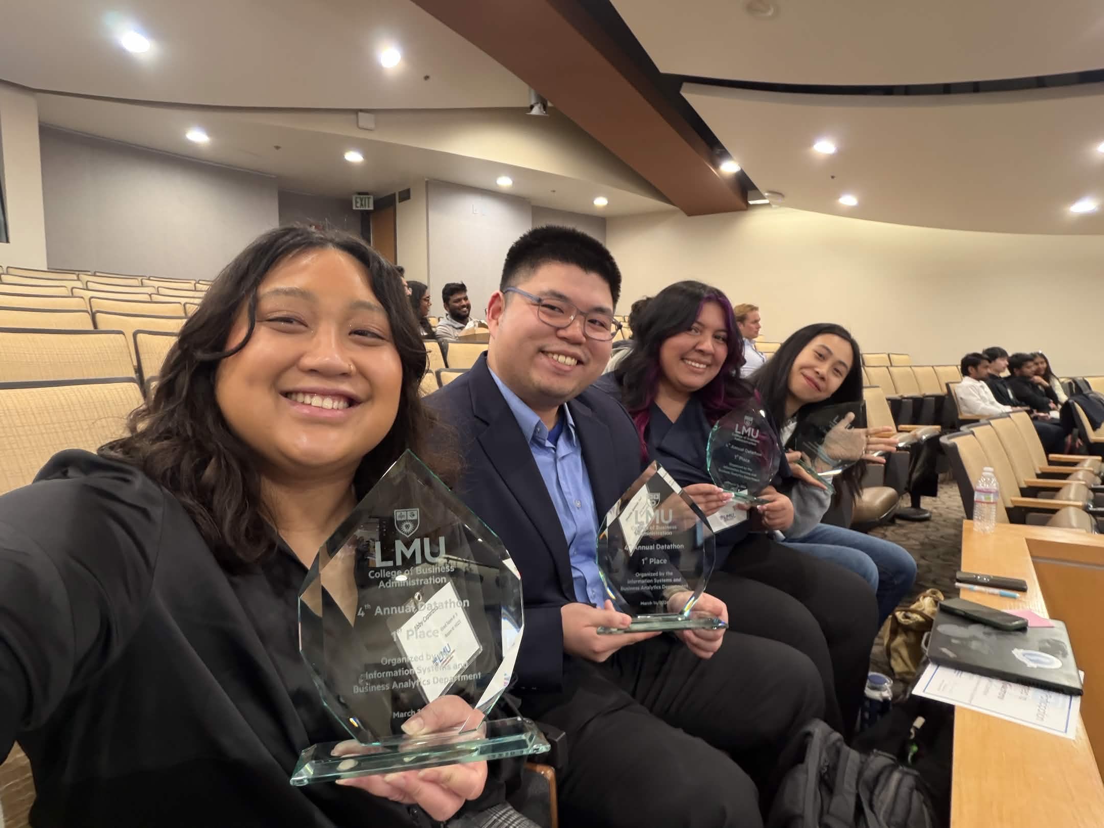 COB IS Abygail Caparoso, Timothy Tan, and Ha (Heather) Pham—took home first place at the 2026 LMU Datathon