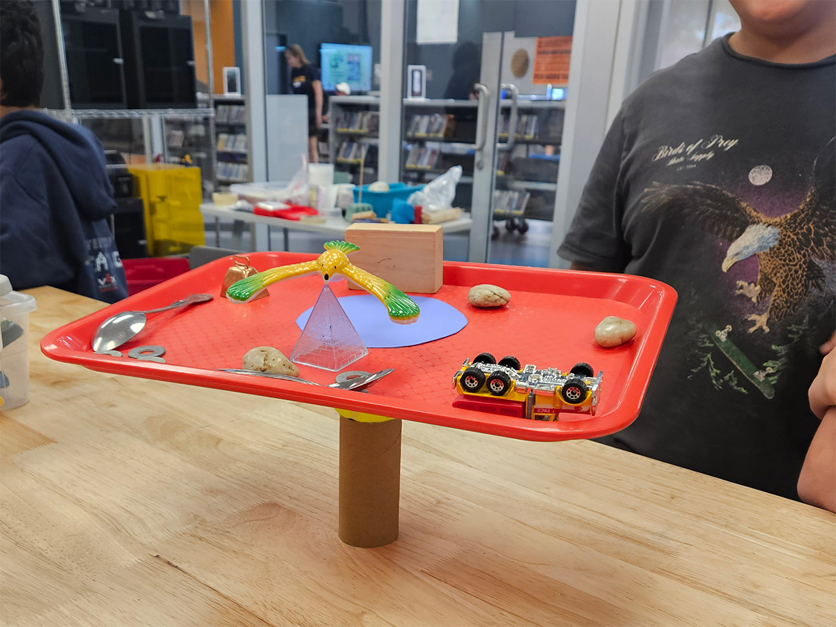 objects balancing on an elevated plastic tray