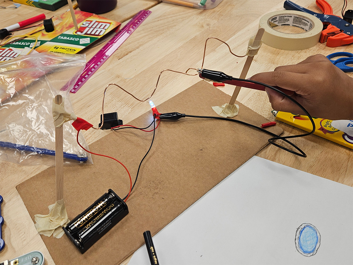 LED light connected by wires to a battery