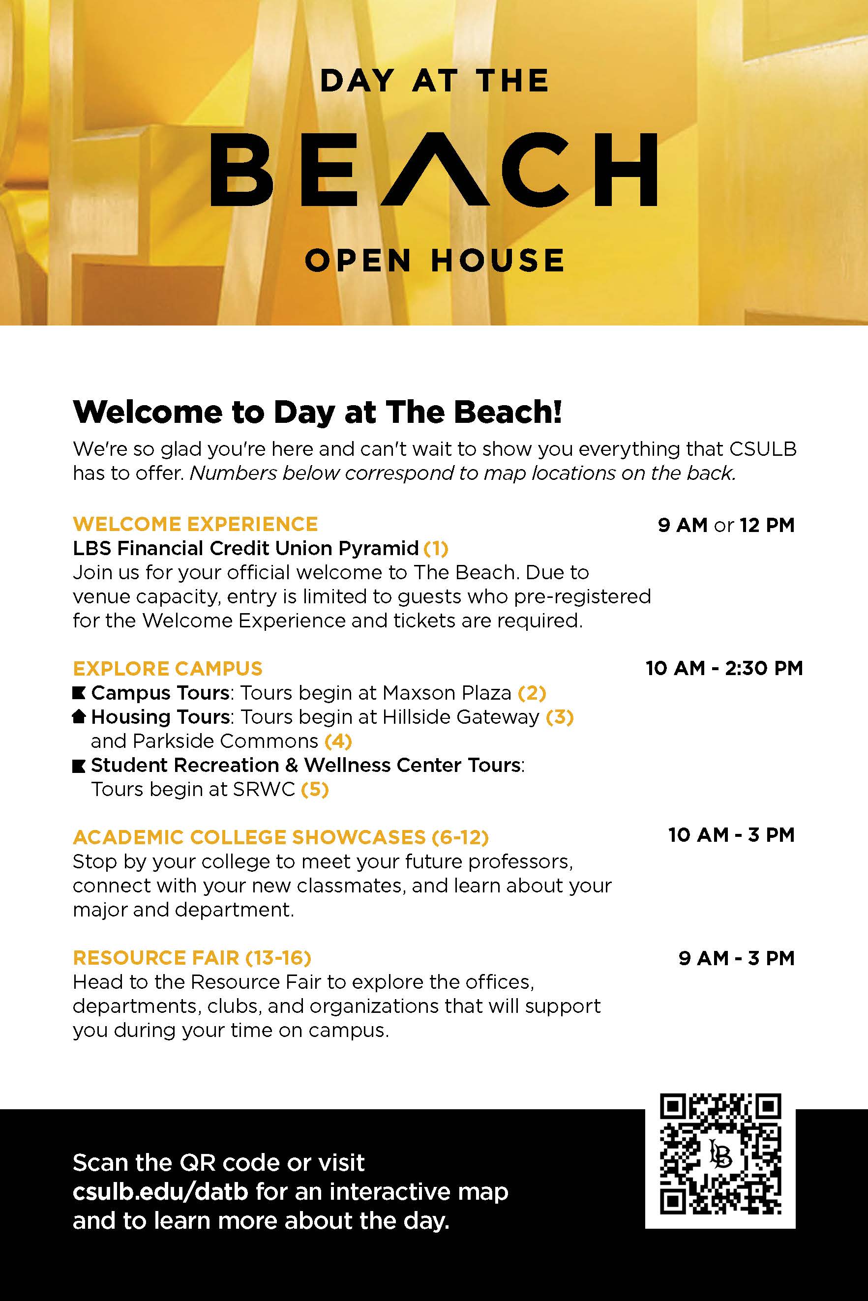 Day at The Beach postcard with the event schedule and a QR code.