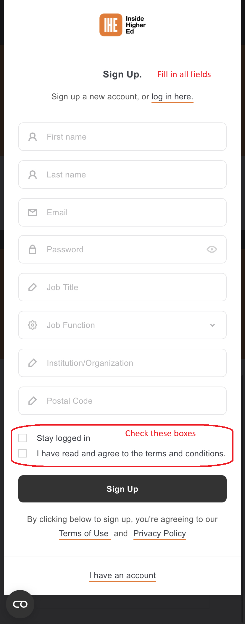 On the Sign Up page, fill in all fields, check the 'Stay logged in' and 'I have read and agree to the conditions' boxes