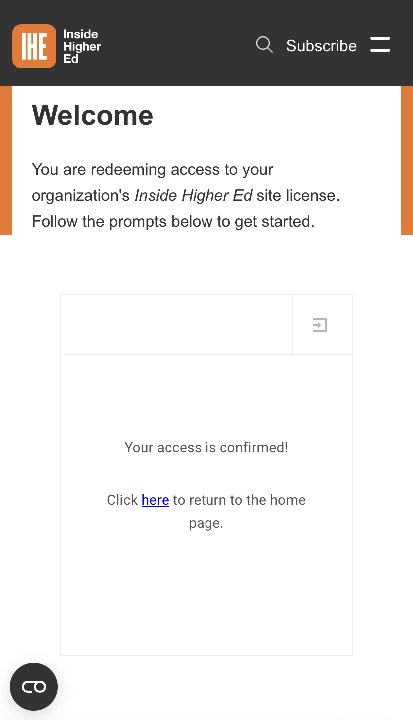 Returning to the IHE Welcome page, click the 'here' link to read Inside Higher Ed