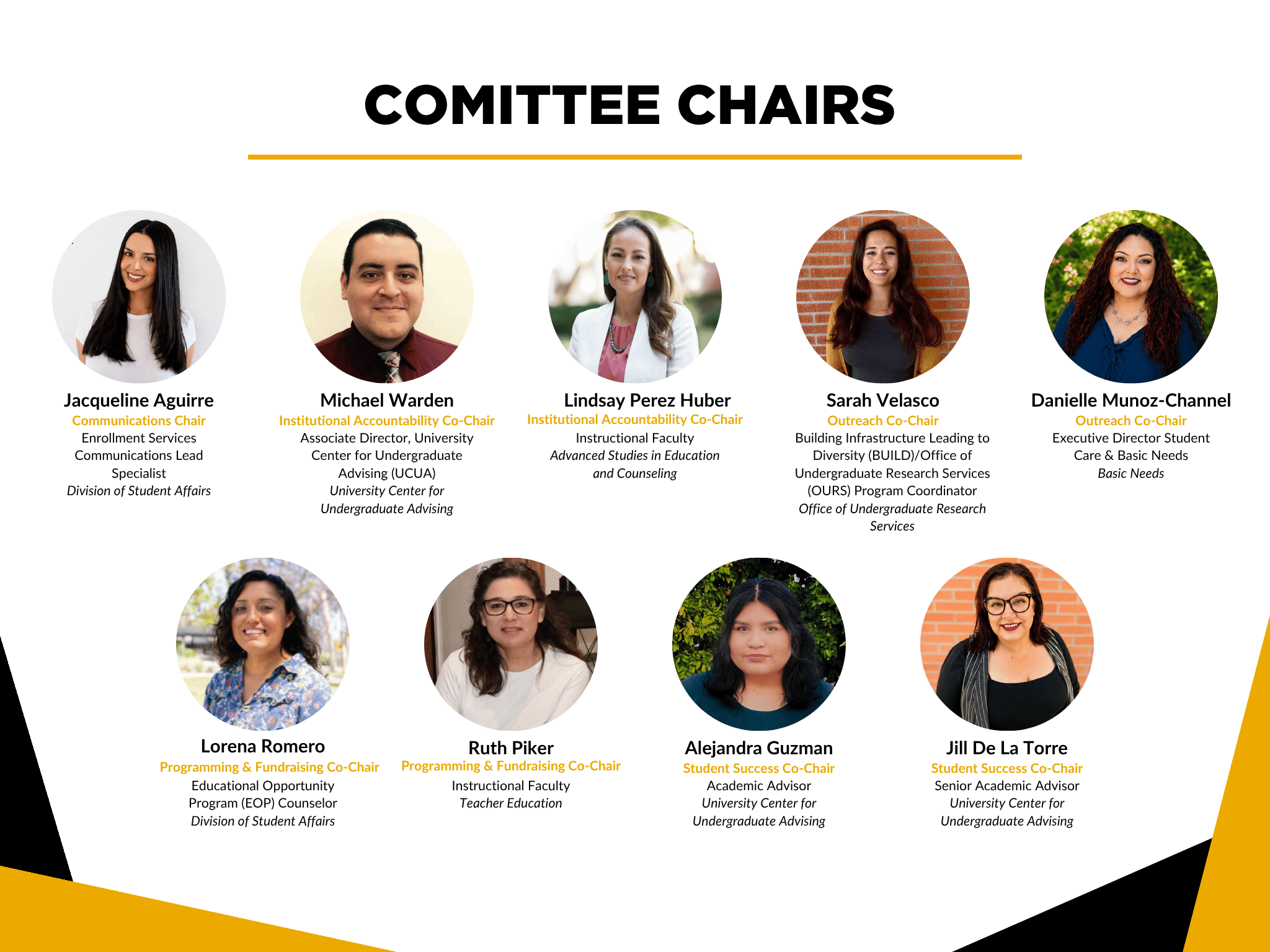 Graphic titled "Committee Chairs" featuring nine committee leaders with headshots, names, roles and departments. Committees represented include Communications, Institutional Accountability, Outreach, Programming and Fundraising, and Student Success. The layout highlights committee co chairs and their campus affiliations at California State University, Long Beach.