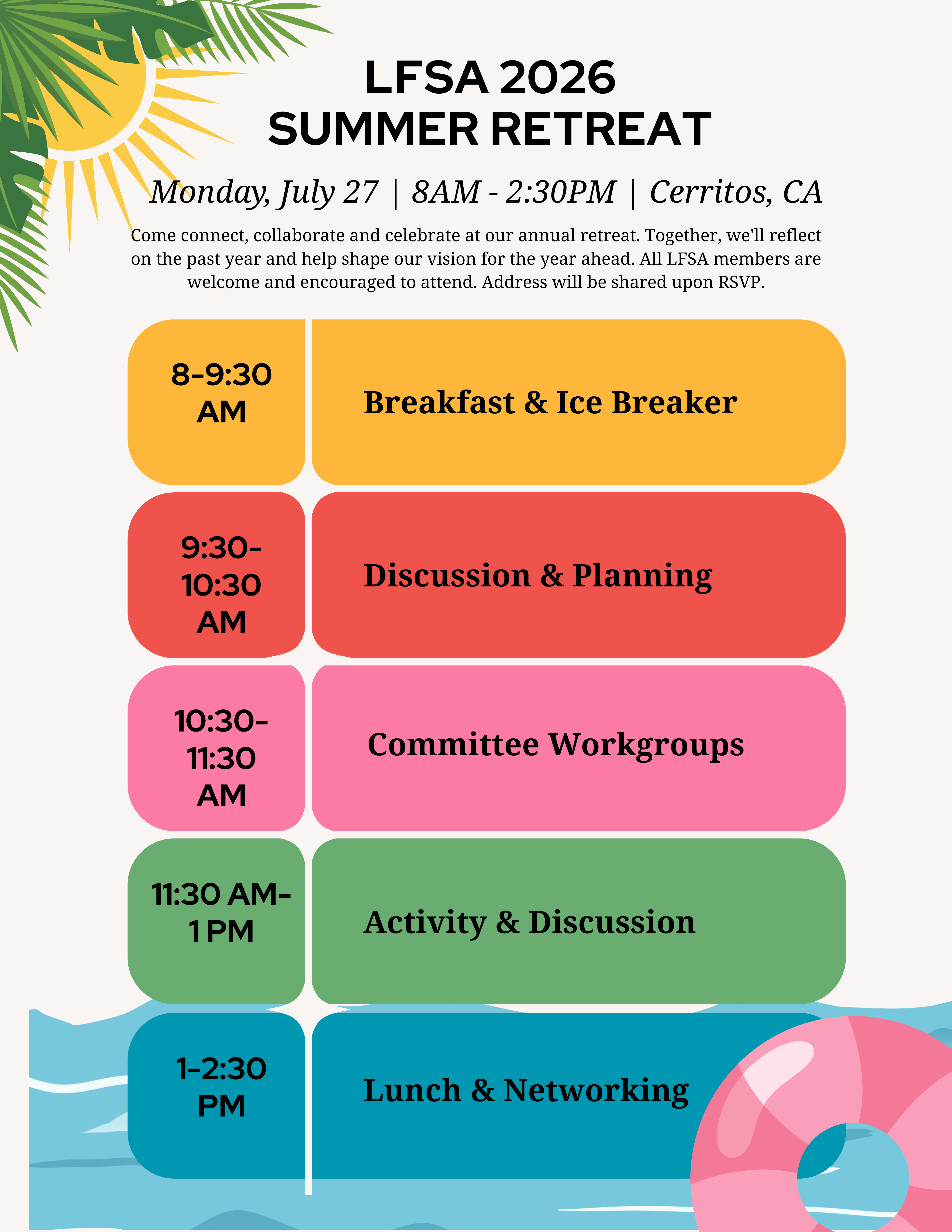 Flyer for the LFSA 2026 Summer Retreat on Monday, July 27, from 8 a.m. to 2:30 p.m. in Cerritos, California, featuring breakfast, planning discussions, committee workgroups, activities and networking.