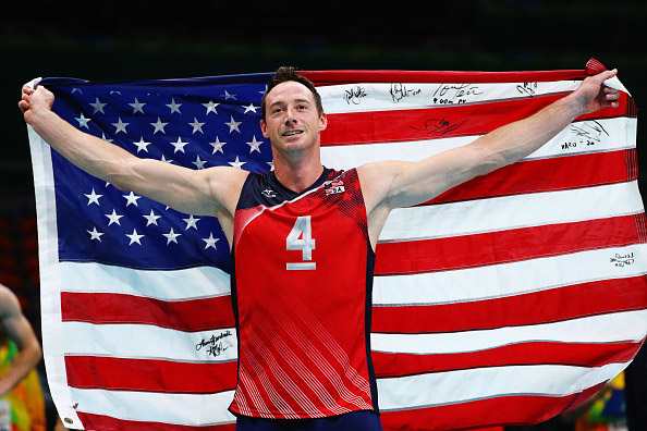 RIO DE JANEIRO, BRAZIL - AUGUST 21: David Lee of United States celebrates as the United States secure the bronze medal during the Men's Bronze Medal Match between United States and Russia on Day 16 of the Rio 2016 Olympic Games at Maracanazinho on August 21, 2016 in Rio de Janeiro, Brazil. (Photo by Tom Pennington/Getty Images)