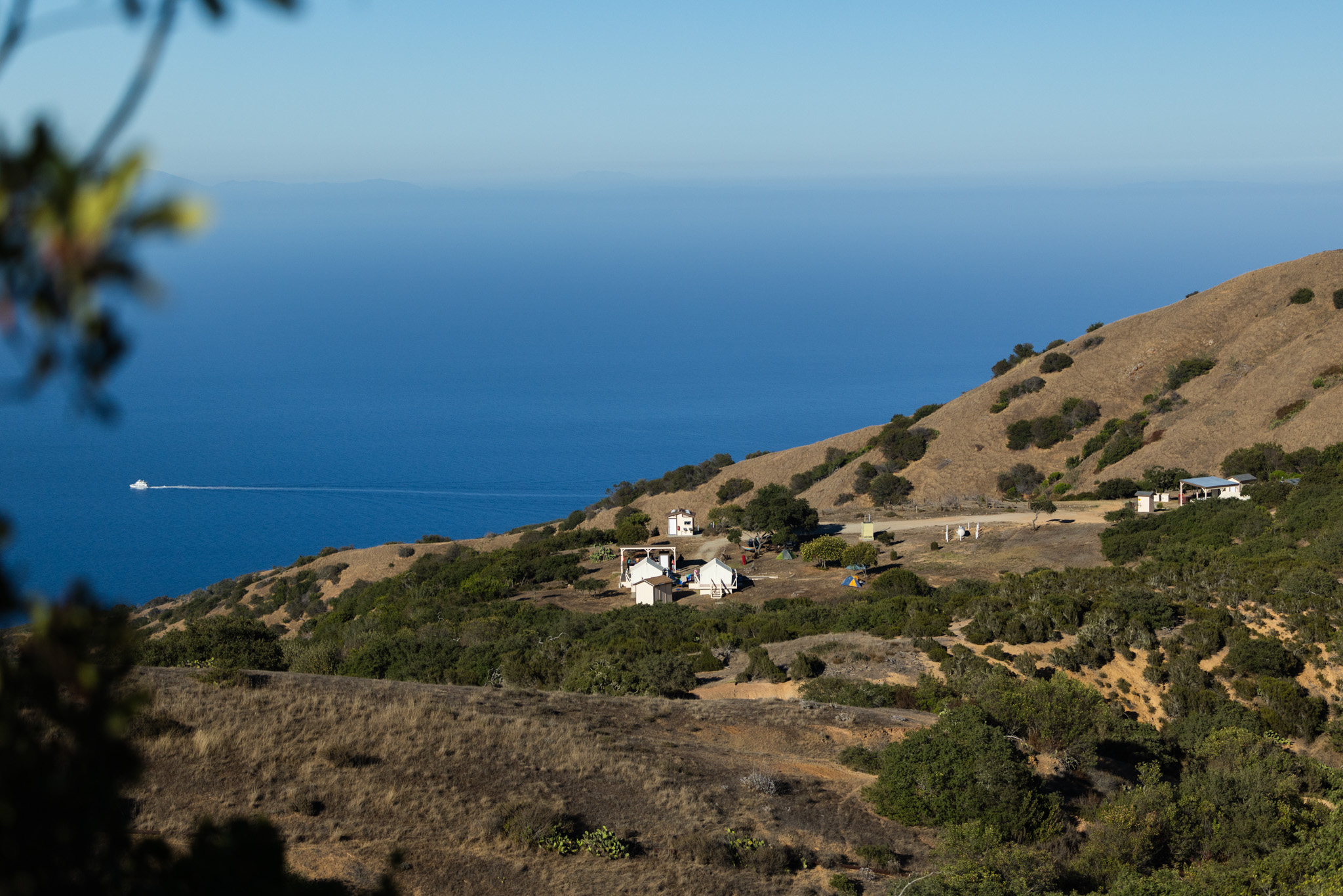 An aerial view of a hillside research camp overlooking the ocean, with a boat passing offshore