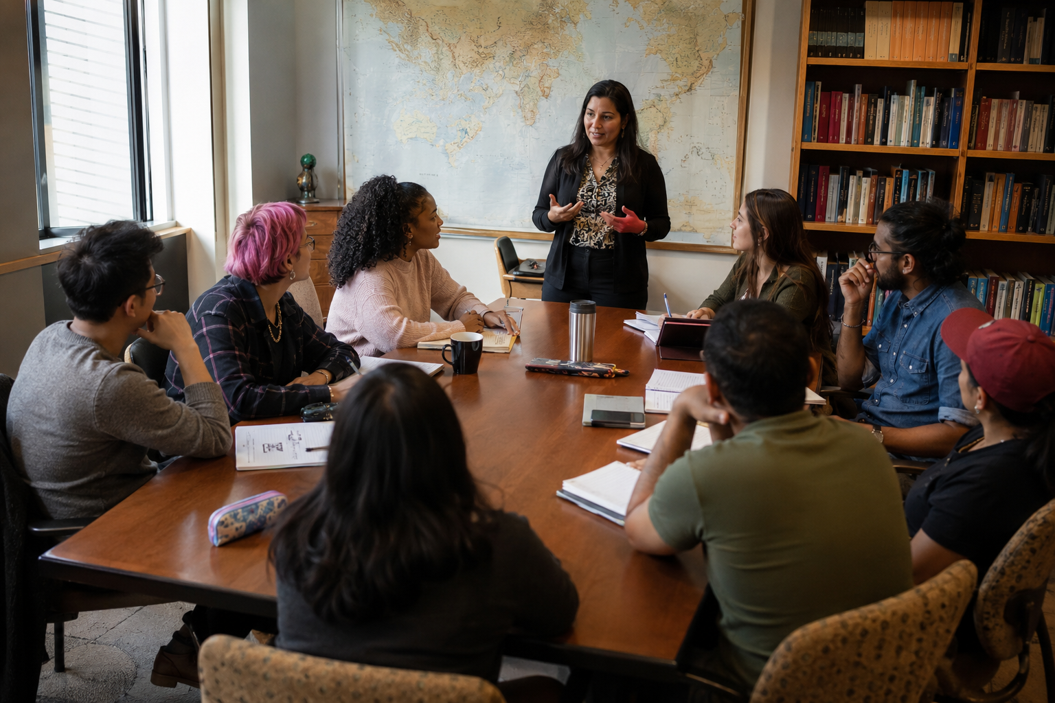 Global Studies graduates sitting at a desk watching a professor