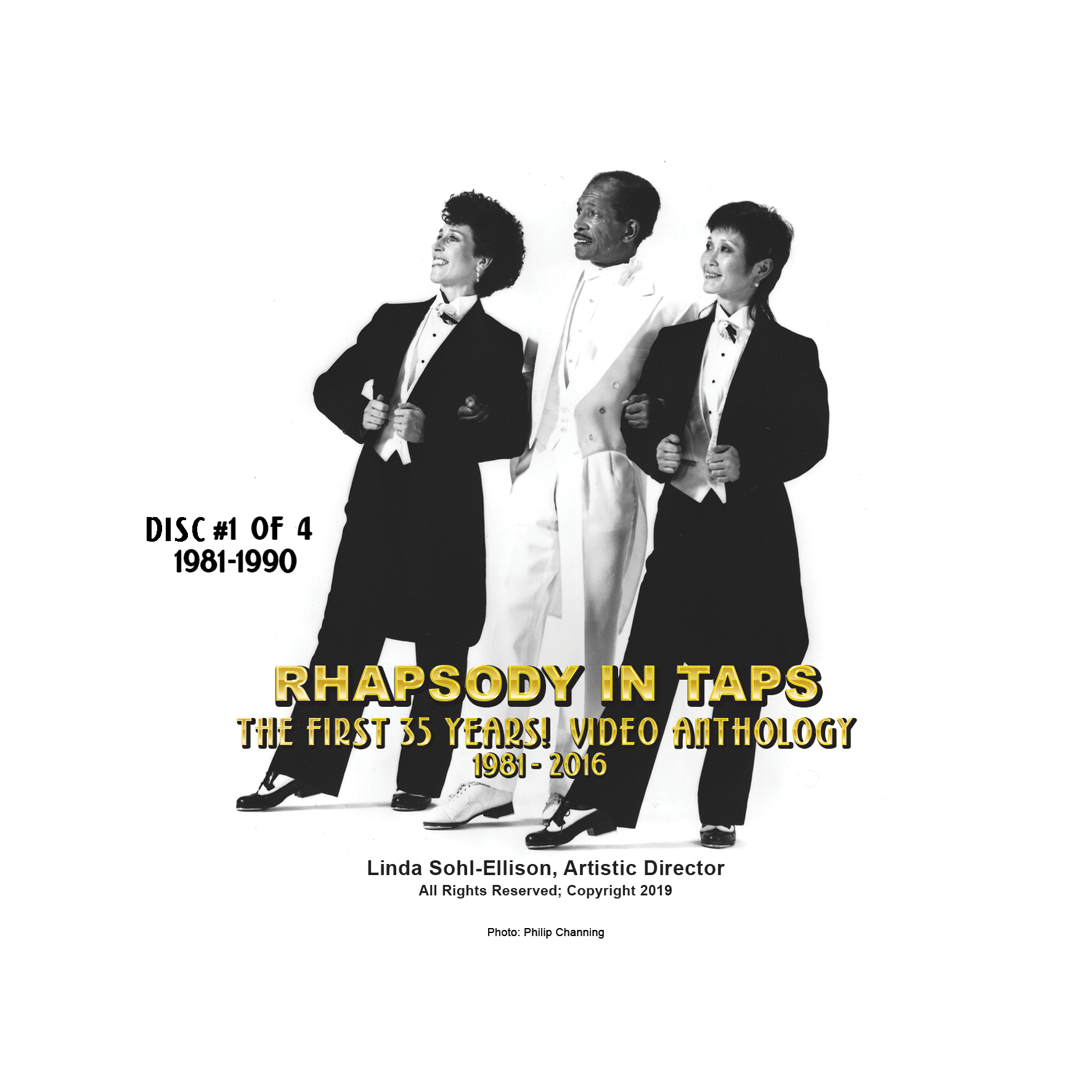 Three dancers in suits hold onto their coats and lean back towards the right. The dancer in the middle is in an all white suit and the two on either side of them are in black suits.