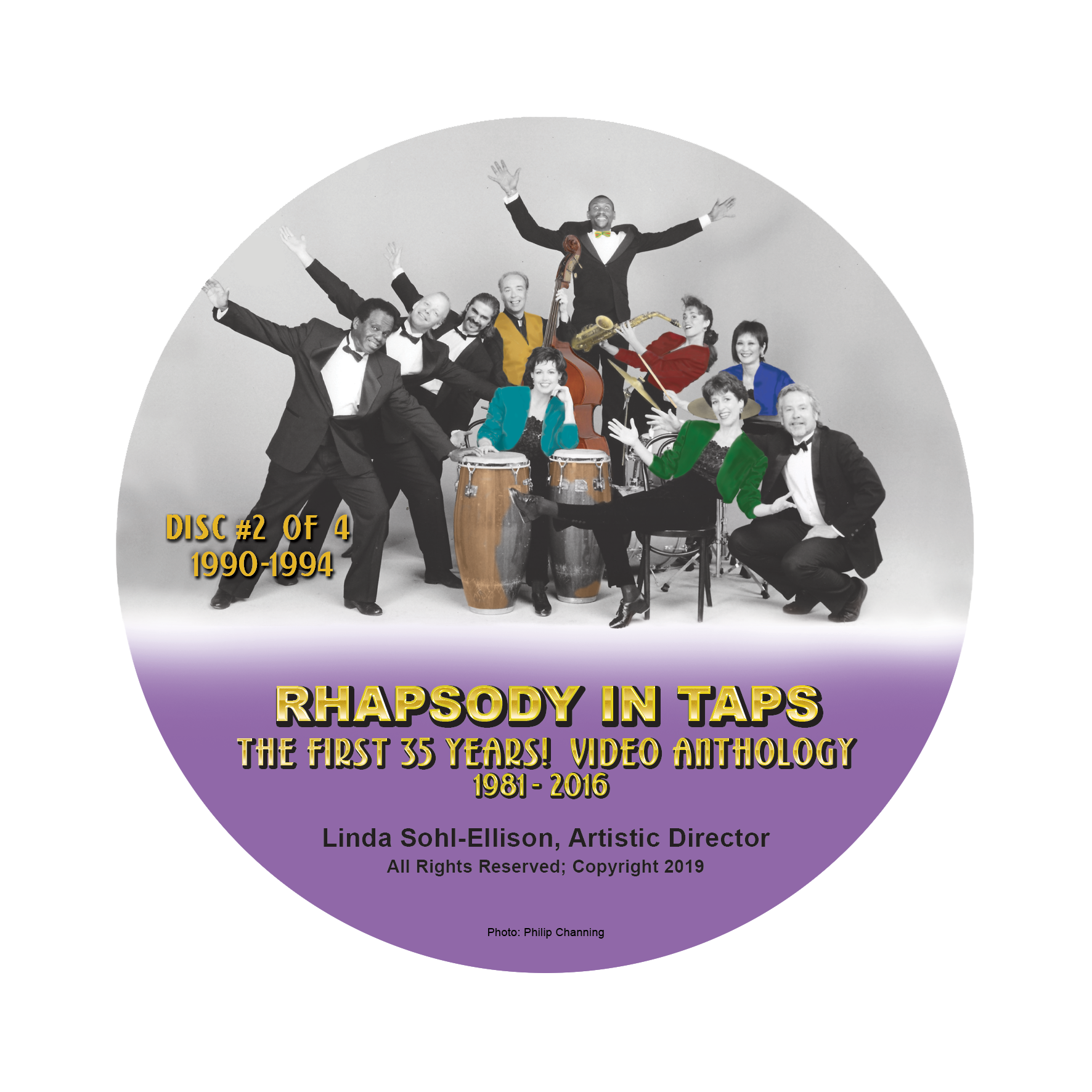 A group of people with suits and different colored shirts are posing with instruments and their arms out wide. 