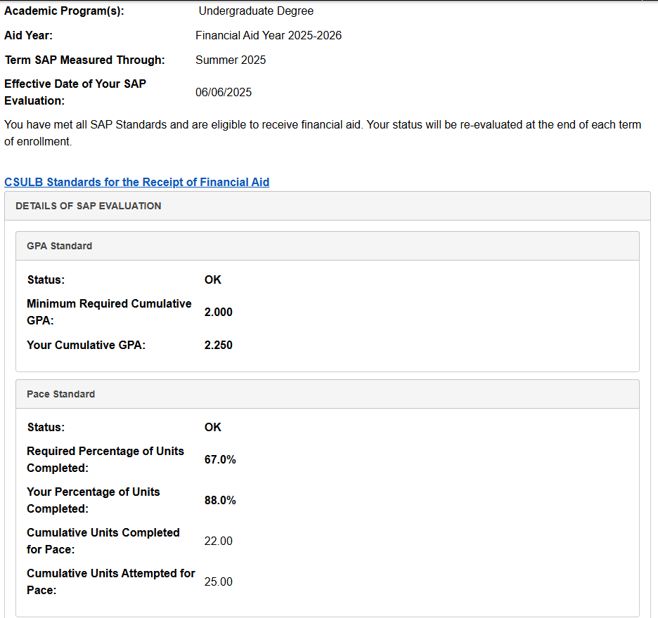 Screenshot of MyCSULB Student Center showing the "SAP for Financial Aid" page.