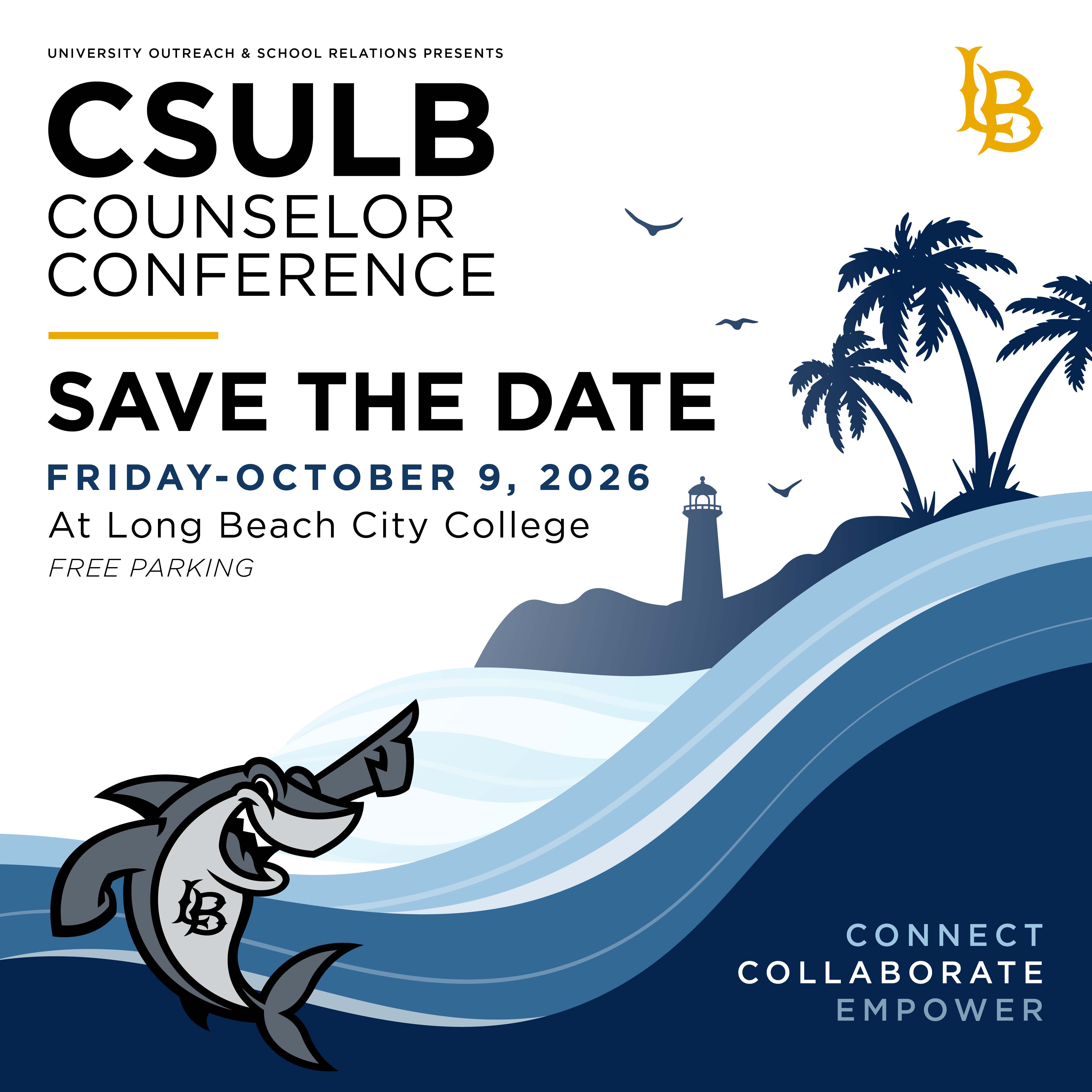 Save the Date with image of Elbee the shark, waves, the lighthouse and palm trees