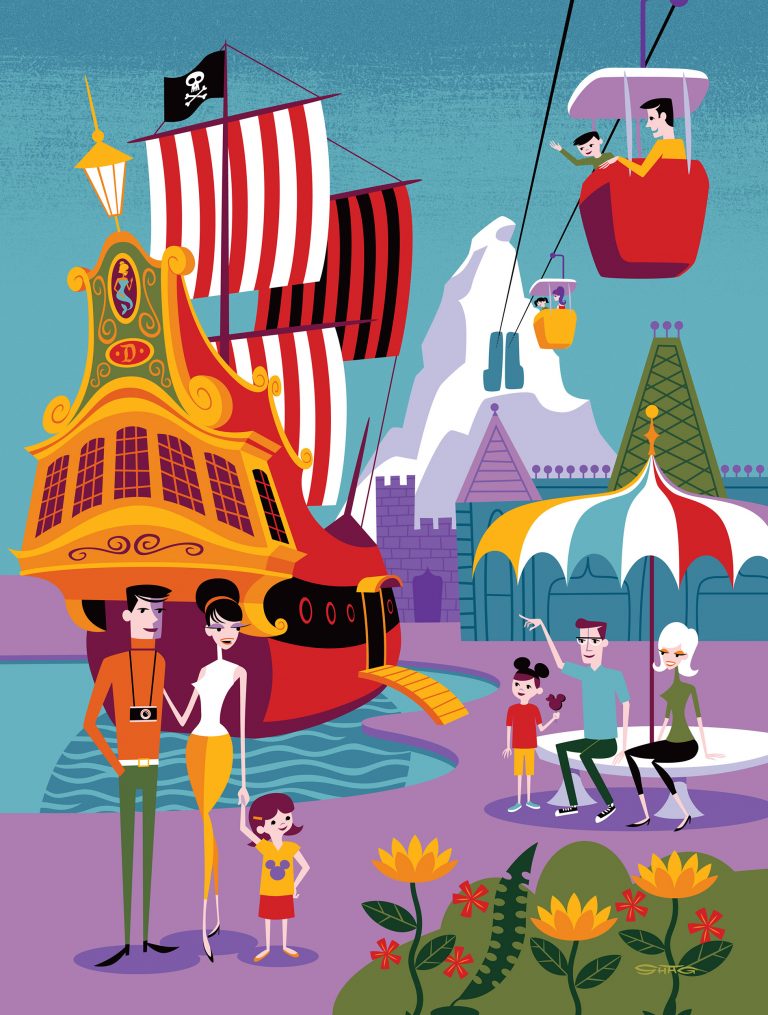 Artwork of families at cartoonish version of Disneyland
