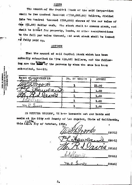 Articles of Incorporation - Page Five