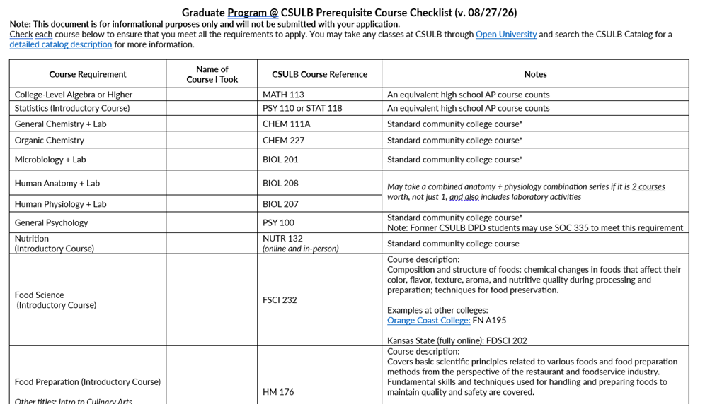 Image of document that provide program prerequisite courses