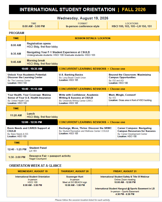 Overview of the Internation Student Orientation Day and orientation week events for Fall 2026 semester. 